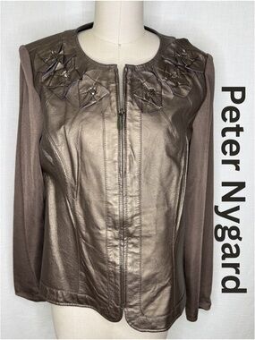 Peter Nygard Metallic Leather Jacket Floral Detail Brown Size M Chic Gently Used